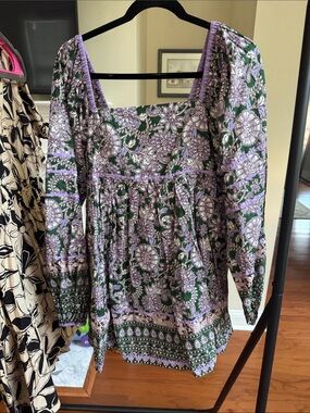 Olivaceous Green and Lavender Floral Red Dress Boutique Long Sleeve Dress